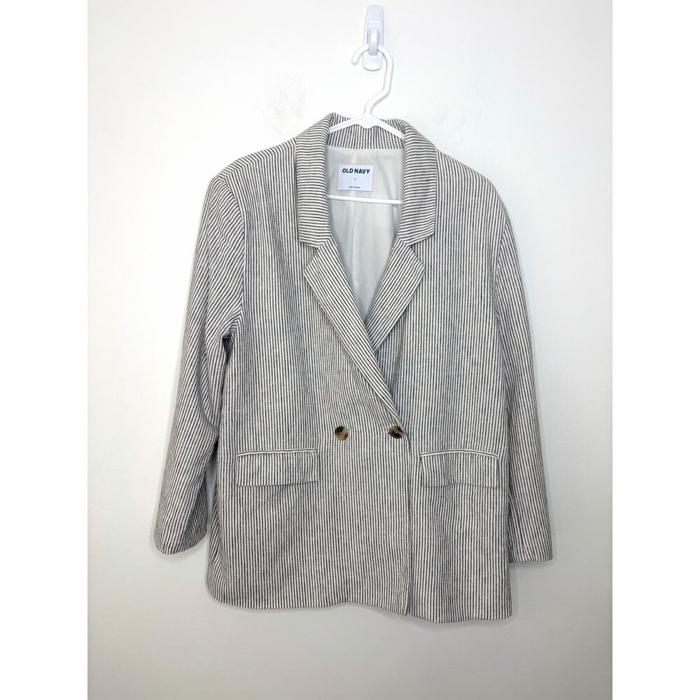 Old Navy Striped Double Breasted Linen Blend Blazer Sz L Oversize Neutral Office
